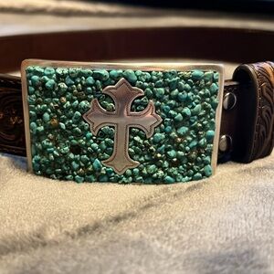 NOCONA Brown WESTERN LEATHER Belt Teal Buckle S